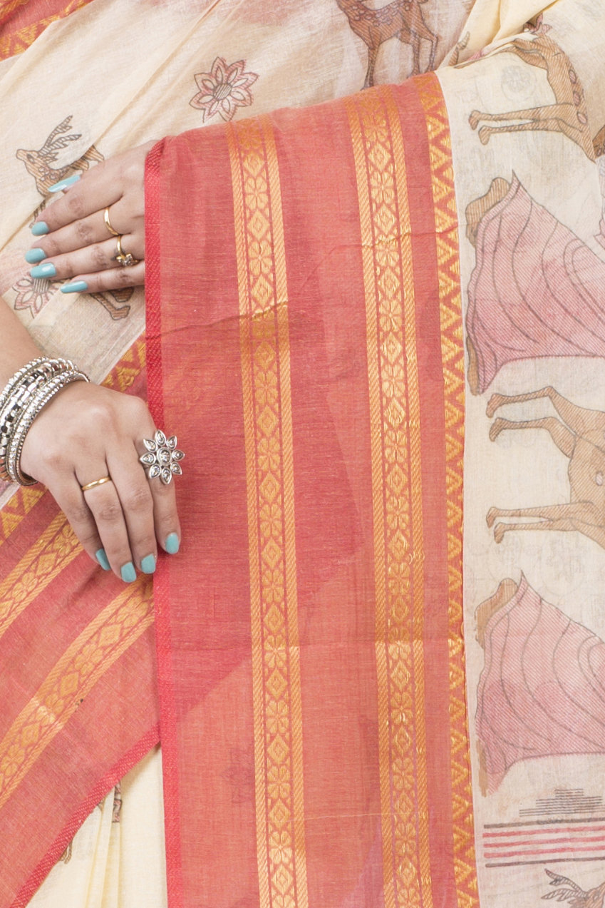 Red Pure Cotton Sakuntala Tant Saree Print (1829)